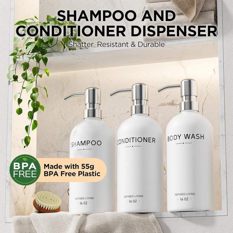 Aeakey Shampoo and Conditioner Dispenser Set,3 Refillable 16oz Bottles with Stainless Steel Pumps – Shower Soap Dispensers for Bathroom, Hotel or Airbnb (Silver, 3-Pack) - Image 2